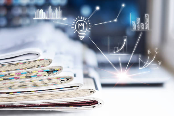 Stack of Newspapers and Laptop. Daily Journals with News and Personal Computer. Tabloid Papers with Headlines  and Articles and Desktop on Screen of Electronic Device. Different Sources of Information